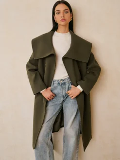 COMMENSE Large Collar Belted Tweed Coat* Outerwear|Tops