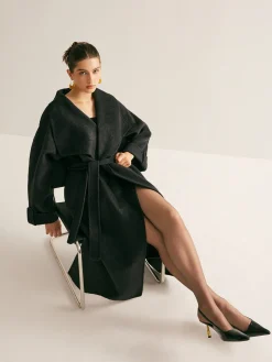 COMMENSE Large Collar Belted Wool Long Coat* Outerwear|Coats