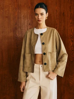 COMMENSE Large Pockets Breasted Suede Jacket* Outerwear|Jackets