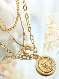 COMMENSE Layering Moon Lion Circle Pendant Necklace* Necklaces|Accessories