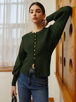 COMMENSE Leg-Of Mutton Sleeve Wave Trim Knit Top* Sweater Tops|Sweaters & Cardigans