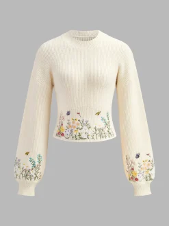 COMMENSE Leg-Of-Mutton Sleeve Embroidery Cinched Sweater* Knitwear|Tops