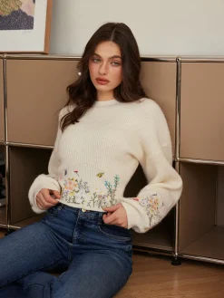 COMMENSE Leg-Of-Mutton Sleeve Embroidery Cinched Sweater* Knitwear|Tops