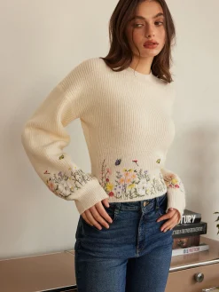 COMMENSE Leg-Of-Mutton Sleeve Embroidery Cinched Sweater* Knitwear|Tops