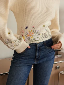 COMMENSE Leg-Of-Mutton Sleeve Embroidery Cinched Sweater* Knitwear|Tops