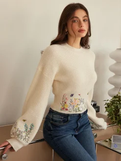 COMMENSE Leg-Of-Mutton Sleeve Embroidery Cinched Sweater* Knitwear|Tops