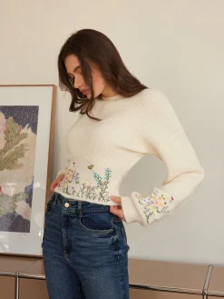 COMMENSE Leg-Of-Mutton Sleeve Embroidery Cinched Sweater* Knitwear|Tops