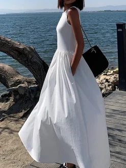 COMMENSE Leisure Crew Neck Long Dress* White Dresses|Black Dresses