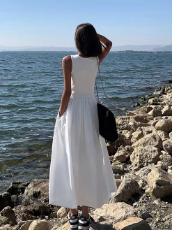 COMMENSE Leisure Crew Neck Long Dress* White Dresses|Black Dresses