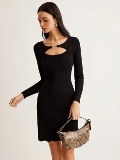 COMMENSE Leisure Cutout Metal Decor Sweater Dress* Black Dresses|Sweater Dresses