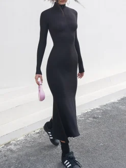 COMMENSE Leisure Mock Neck Long Sleeve Midi Dress* Black Dresses|Sweater Dresses