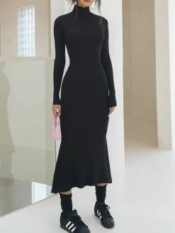 COMMENSE Leisure Mock Neck Long Sleeve Midi Dress* Black Dresses|Sweater Dresses