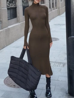 COMMENSE Leisure Mock Neck Long Sleeve Midi Dress* Black Dresses|Sweater Dresses