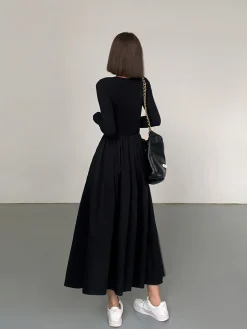 COMMENSE Leisure Pockets Long Sleeve Long Dress* Black Dresses|Casual Dresses