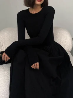 COMMENSE Leisure Pockets Long Sleeve Long Dress* Black Dresses|Casual Dresses