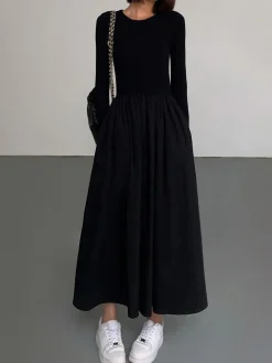 COMMENSE Leisure Pockets Long Sleeve Long Dress* Black Dresses|Casual Dresses