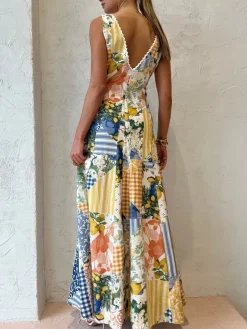 COMMENSE Lemonade Print Lace Trim Long Dress* Casual Dresses|Vacation Dresses