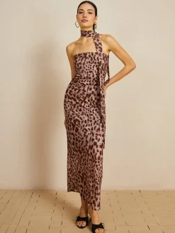 COMMENSE Leopard Print Mesh Halter Midi Dress* Casual Dresses|Summer Dresses