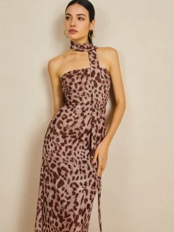 COMMENSE Leopard Print Mesh Halter Midi Dress* Casual Dresses|Summer Dresses