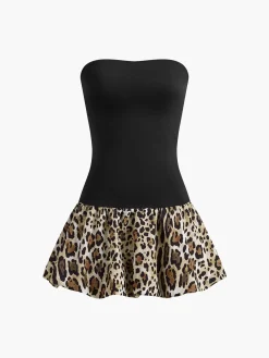 COMMENSE Leopard Print Paneled Strapless Short Dress* Black Dresses|Casual Dresses