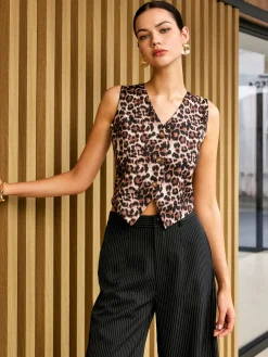 COMMENSE Leopard Print V-Neck Vest* Outerwear|Vests