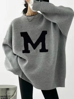 COMMENSE Letter Printed Loose Sweater* Sweater Tops|Sweaters & Cardigans