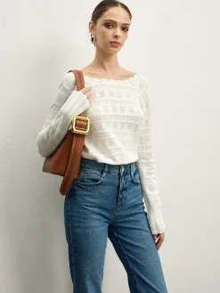 COMMENSE Lettuce Trim Backless Pointelle Knit Top* Sweater Tops|Sweaters & Cardigans