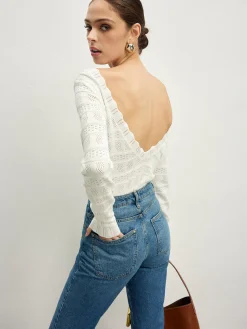 COMMENSE Lettuce Trim Backless Pointelle Knit Top* Sweater Tops|Sweaters & Cardigans