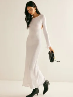 COMMENSE Lettuce Trim Backless Sweater Long Dress* White Dresses|Sweater Dresses