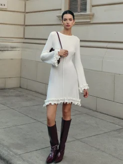 COMMENSE Lettuce Trim Bell Sleeve Sweater Dress* White Dresses|Sweater Dresses