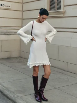 COMMENSE Lettuce Trim Bell Sleeve Sweater Dress* White Dresses|Sweater Dresses