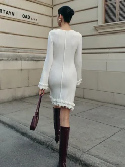 COMMENSE Lettuce Trim Bell Sleeve Sweater Dress* White Dresses|Sweater Dresses