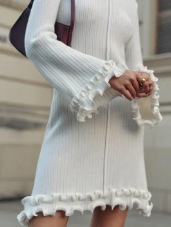 COMMENSE Lettuce Trim Bell Sleeve Sweater Dress* White Dresses|Sweater Dresses