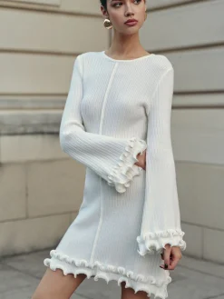 COMMENSE Lettuce Trim Bell Sleeve Sweater Dress* White Dresses|Sweater Dresses