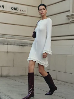 COMMENSE Lettuce Trim Bell Sleeve Sweater Dress* White Dresses|Sweater Dresses