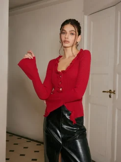 COMMENSE Lettuce Trim Bell Sleeve Slim Sweater* Sweater Tops|Sweaters & Cardigans