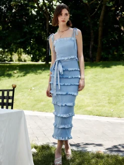 COMMENSE Lettuce Trim Knotted Cami Midi Dress* Vacation Dresses|Summer Dresses