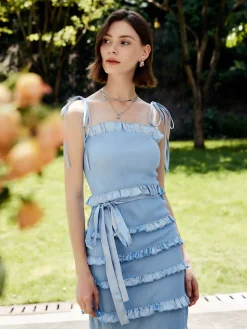 COMMENSE Lettuce Trim Knotted Cami Midi Dress* Vacation Dresses|Summer Dresses