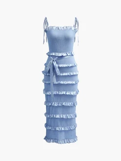 COMMENSE Lettuce Trim Knotted Cami Midi Dress* Vacation Dresses|Summer Dresses
