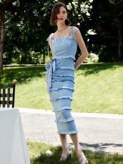 COMMENSE Lettuce Trim Knotted Cami Midi Dress* Vacation Dresses|Summer Dresses