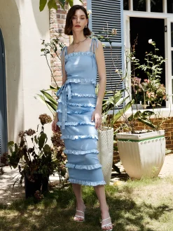 COMMENSE Lettuce Trim Knotted Cami Midi Dress* Vacation Dresses|Summer Dresses