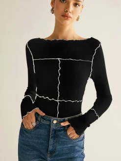 COMMENSE Lettuce Trim Long Sleeve Slim T-Shirt* T-shirts|Tops