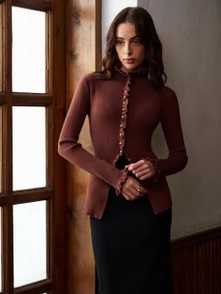 COMMENSE Lettuce Trim Metal-Button Split Cardigan* Knitwear|Tops