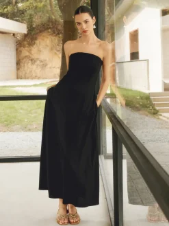 COMMENSE Linen Blends Basic Pockets Tube Long Dress* White Dresses|Black Dresses