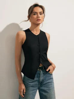 COMMENSE Linen Blends Button Up Tank Top* Tank Tops & Camis|Tops