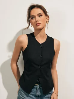 COMMENSE Linen Blends Button Up Tank Top* Tank Tops & Camis|Tops