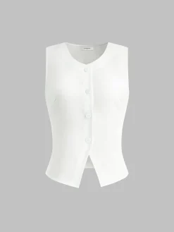 COMMENSE Linen Blends Button Up Tank Top* Tank Tops & Camis|Tops