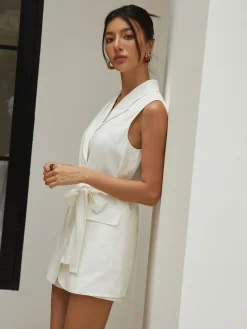 COMMENSE Linen Blends Work Belted Shorts Set* Shorts Sets|Shorts