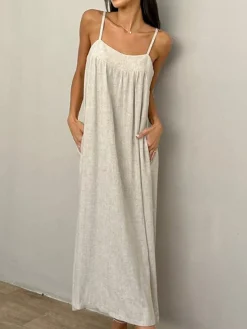 COMMENSE Linen Pockets Cami Long Dress* Casual Dresses|Vacation Dresses