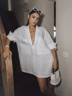 COMMENSE Linen Pockets Loose Long Sleeve Dress* White Dresses|Casual Dresses